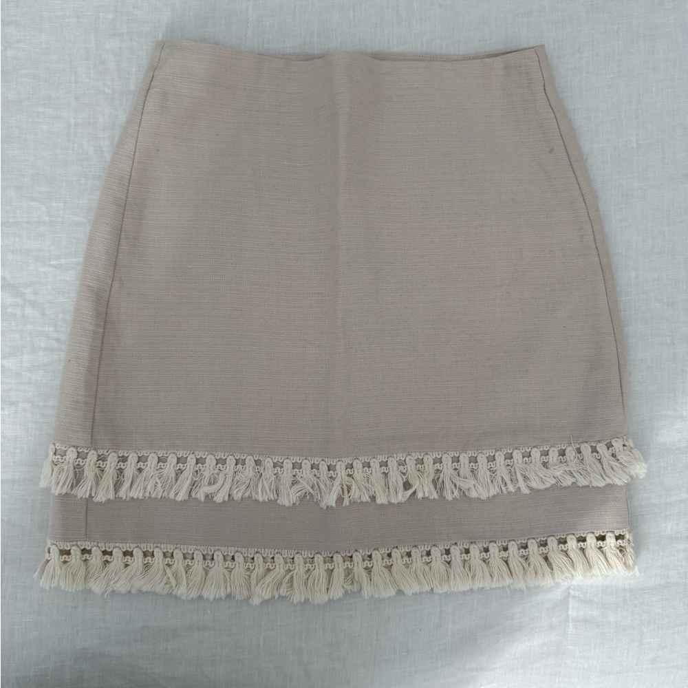 LOFT Beige Pencil Skirt with Fringe Accents